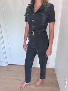 Black Denim Short-Sleeve Jumpsuit with Belt